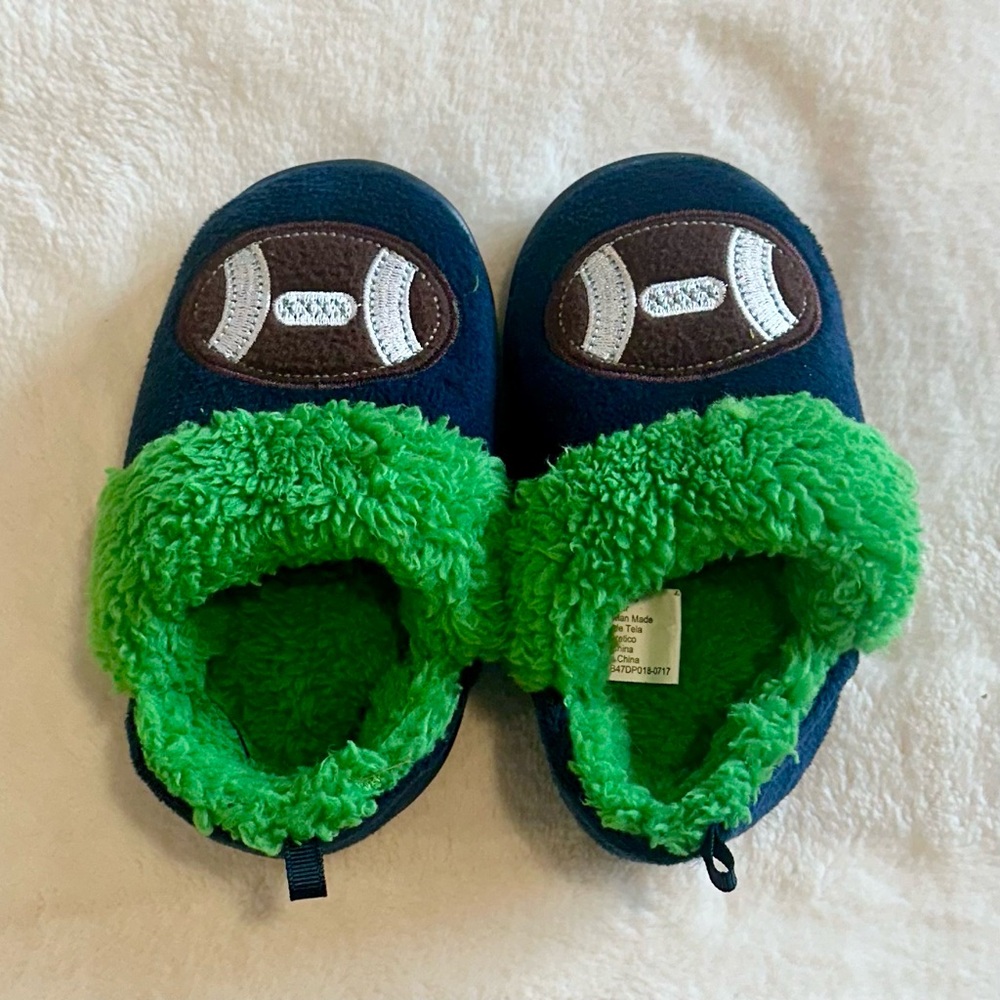 Kids' Blue and Green Football Slippers - Size: Small 5-6